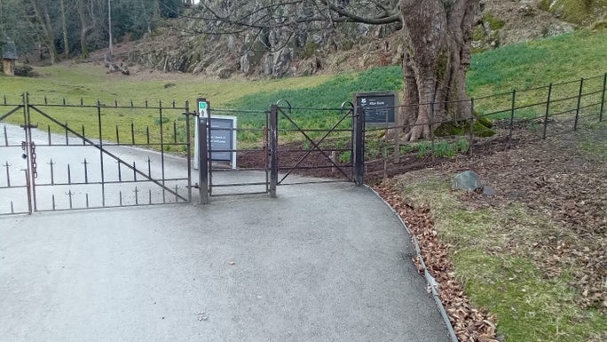 The black metal gates across the top of the driveway, Allan Bank and Grasmere, Cumbria