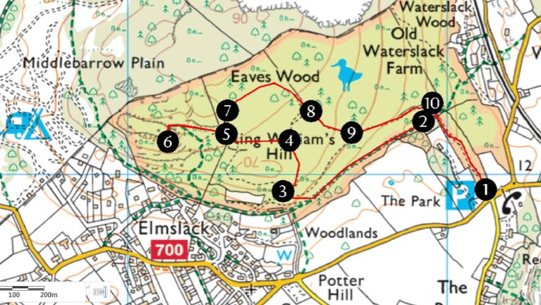 Map showing the circular walk through Eaves Wood