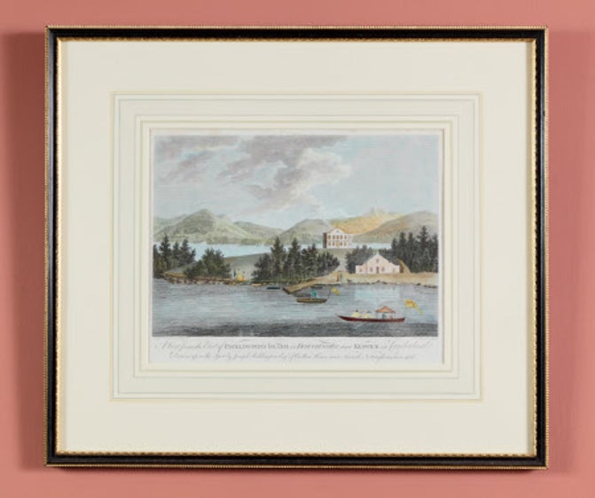 A painting of Pocklington's Island from the shore, showing several buildings on the wooded island.