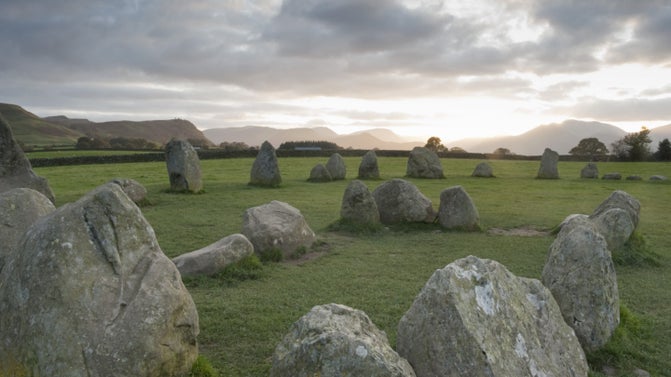 Close-up of several stones part of Castlerigg Stone Circle, a megalithic circle of 38 stones, Derwentwater, Lake District, Cumbria
