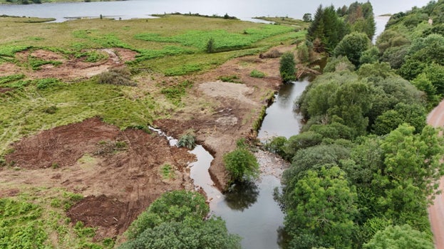 An aerial view of the River Liza reconnecting with the delta at Char Dub, Ennerdale