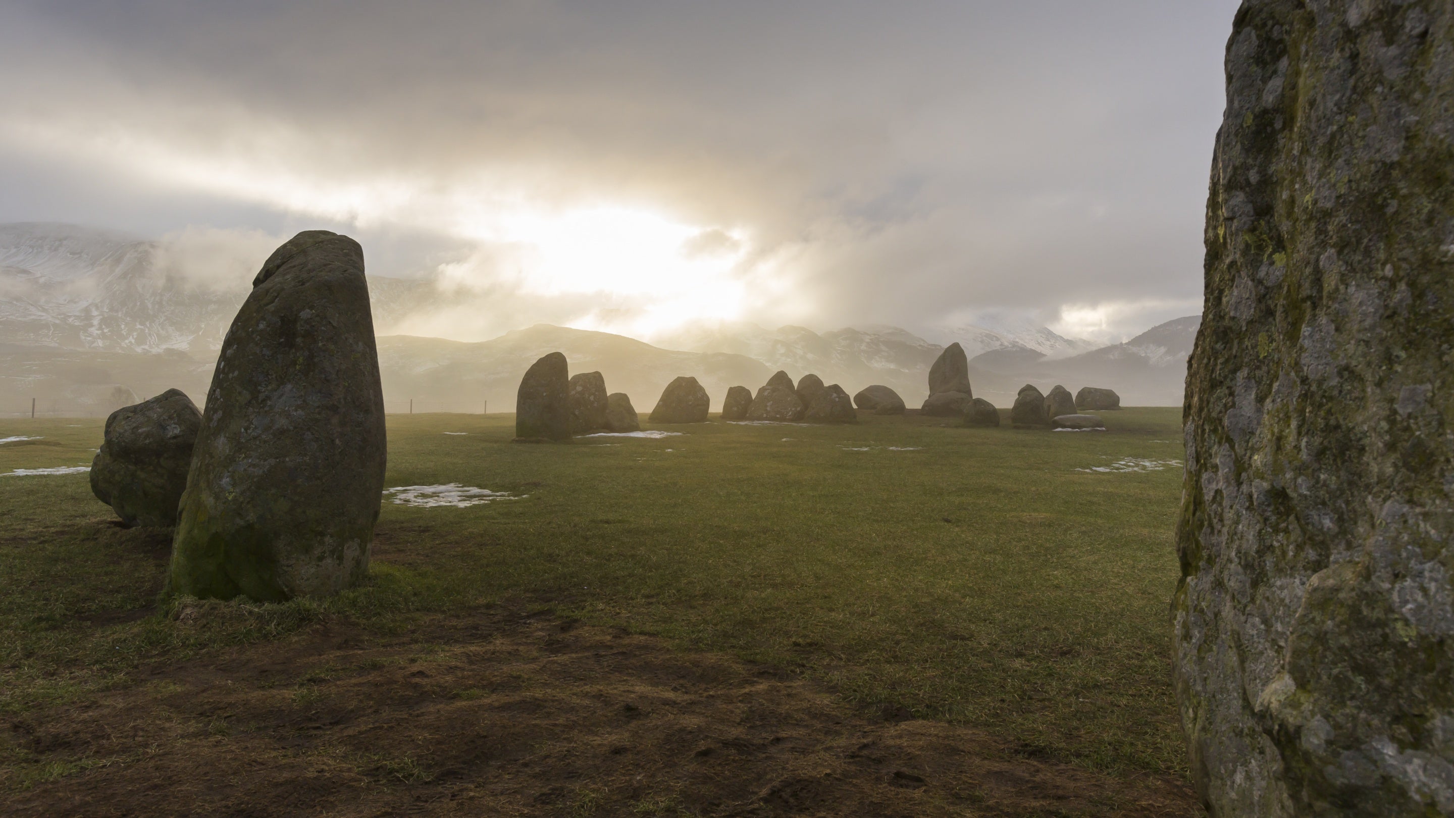 A view of Castlerigg stone circle on a cloudy winters day in the Lake District, Cumbria