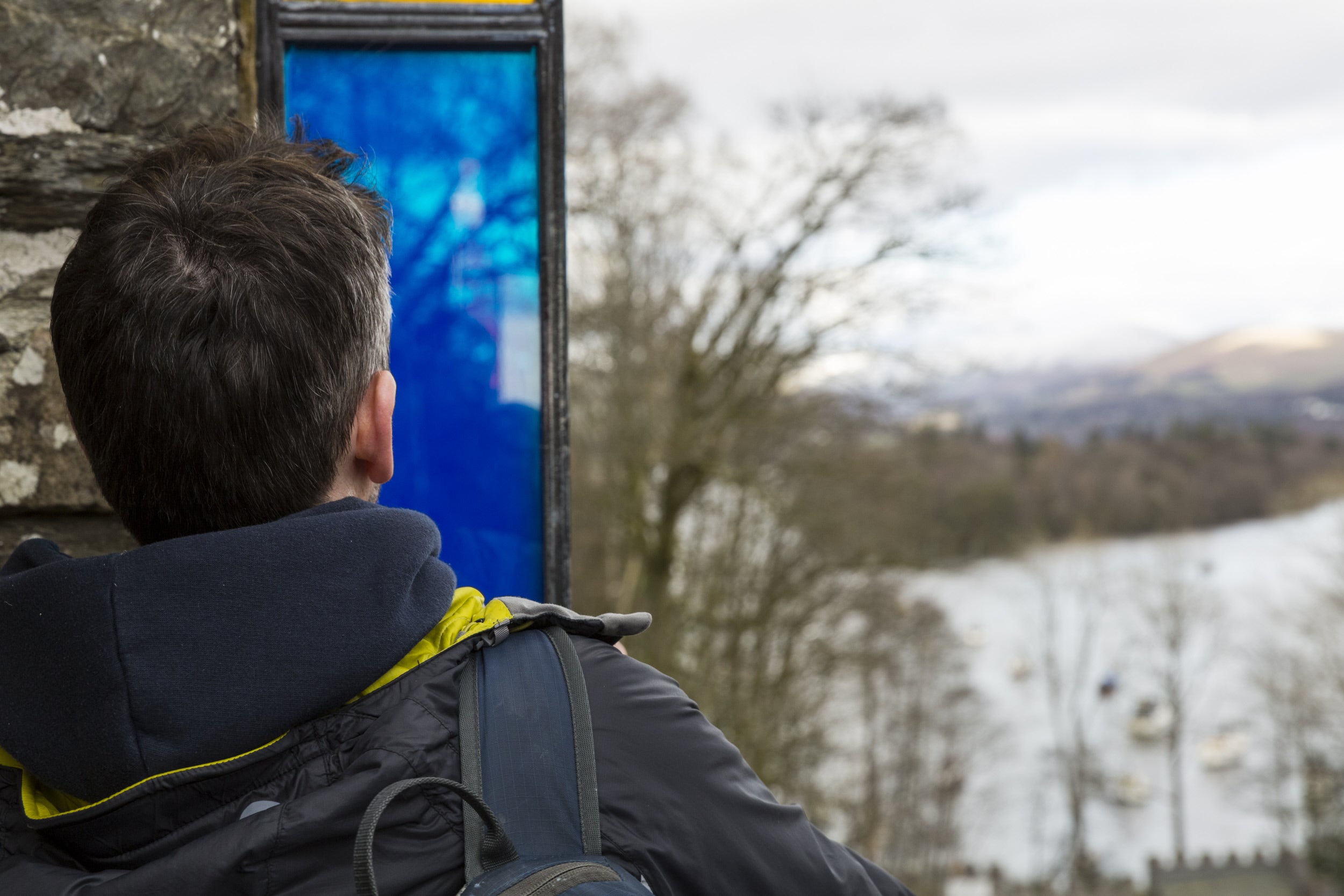 Visitor at Claife Viewing Station and Windermere West Shore, Cumbria