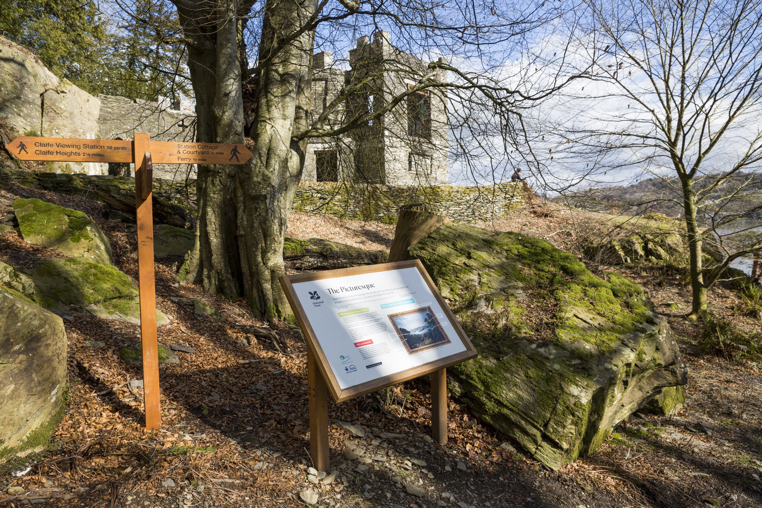 Image showing signpost with Claife Viewing Station at Windermere West Shore Cumbria in the background
