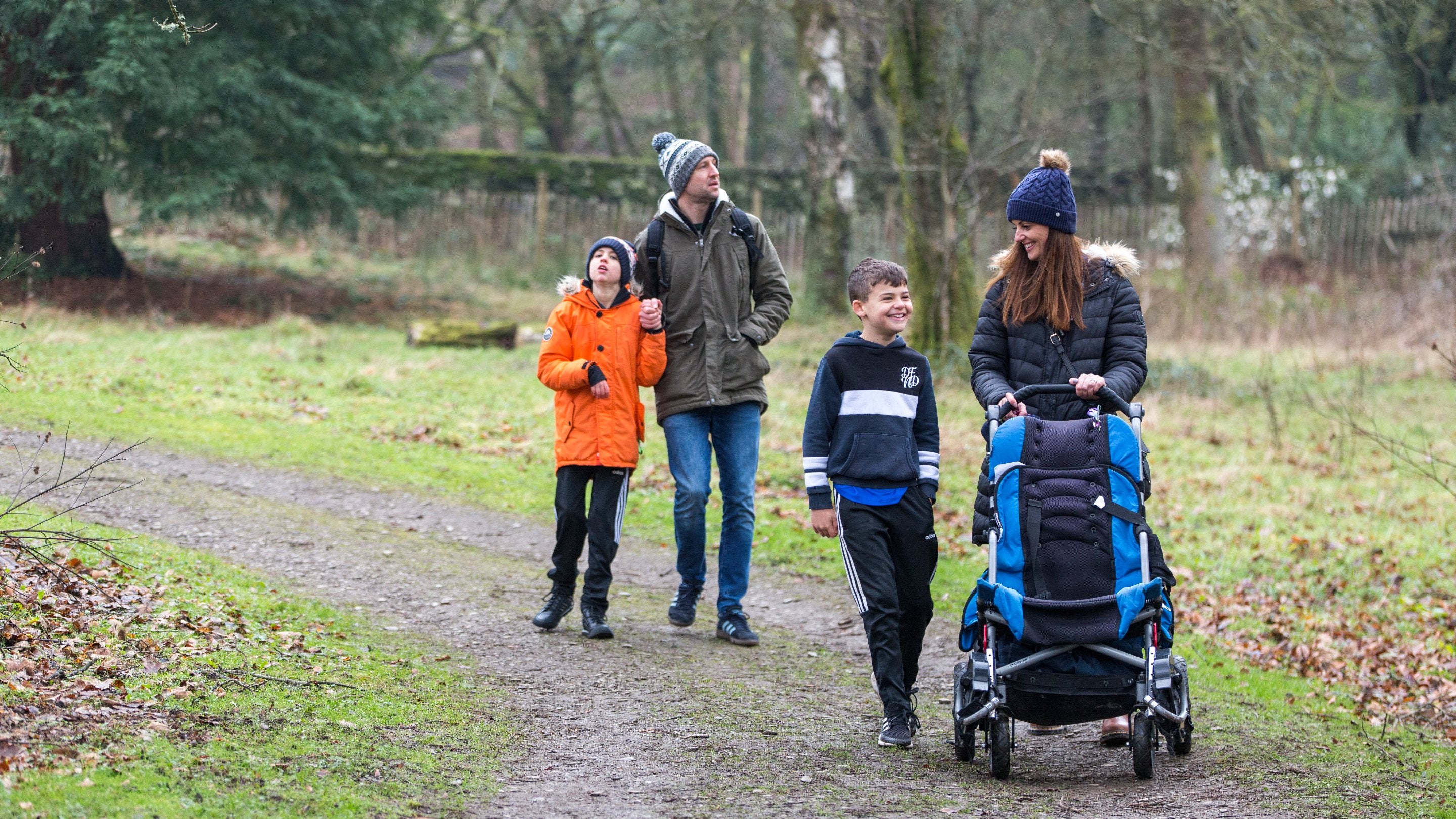 Family walking at Fell Foot in winter, Cumbria