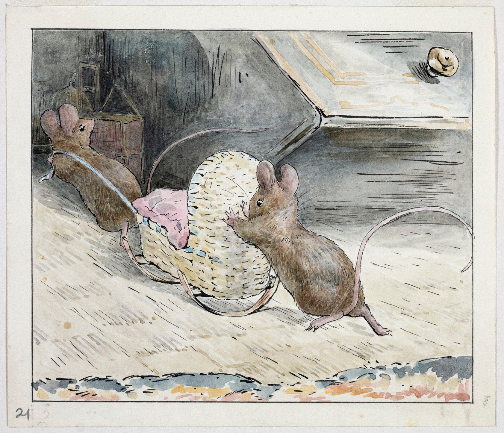 Illustration by Beatrix Potter of two mice with a wicker baby rocker