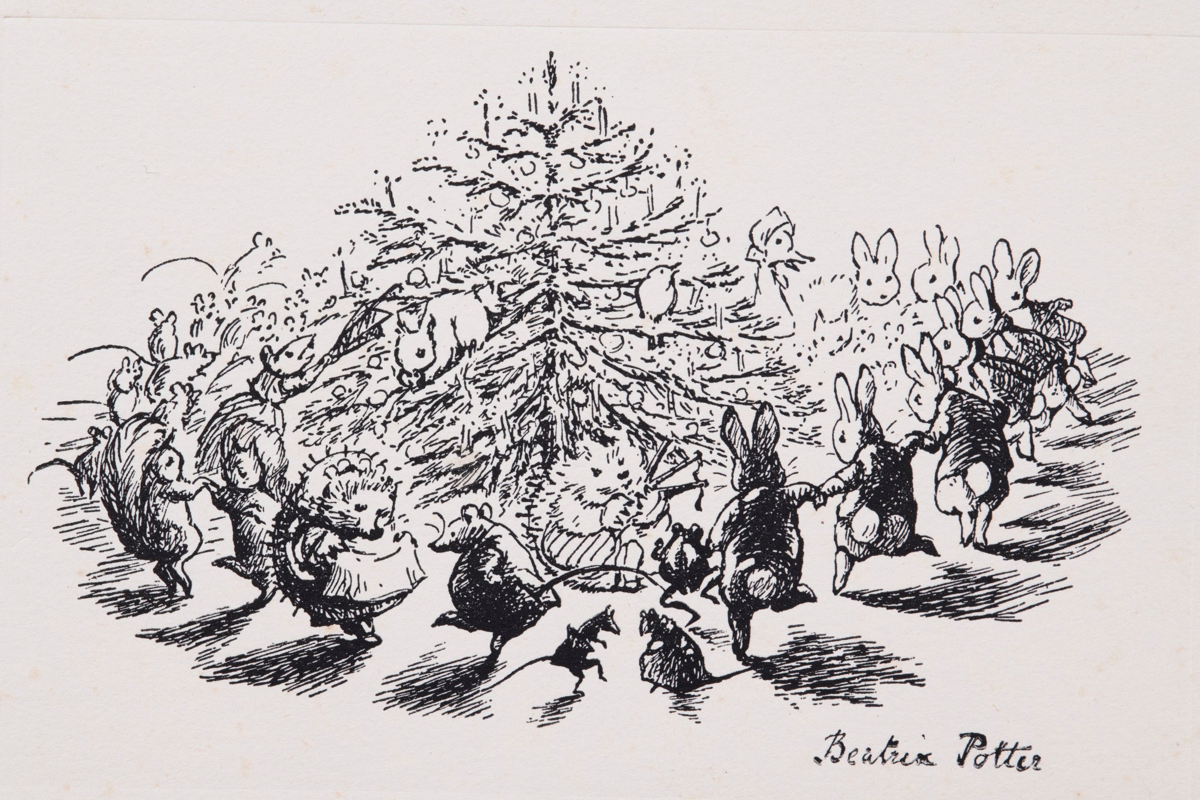 The front of the card features a print by BP showing rabbits, squirrels, hedgehogs and ducks (characters from the books) dancing around a Christmas tree.