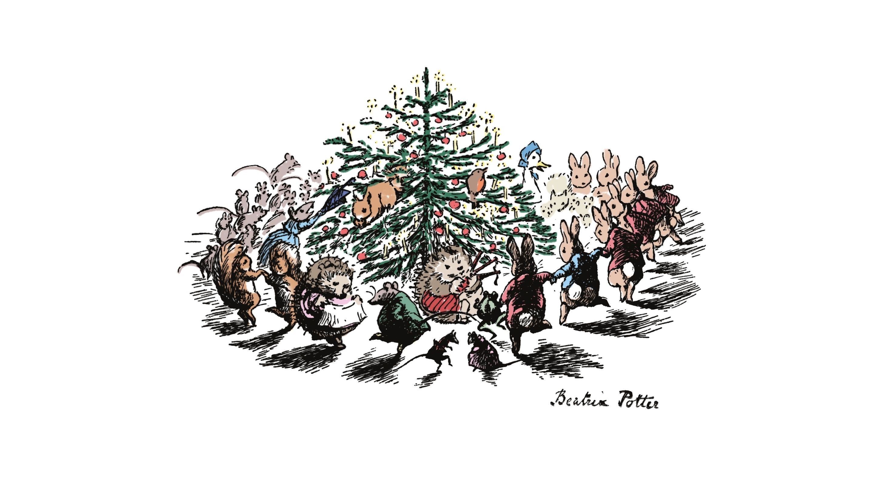 Ilustration of Beatrix Potter's characters dancing around a Christmas tree.