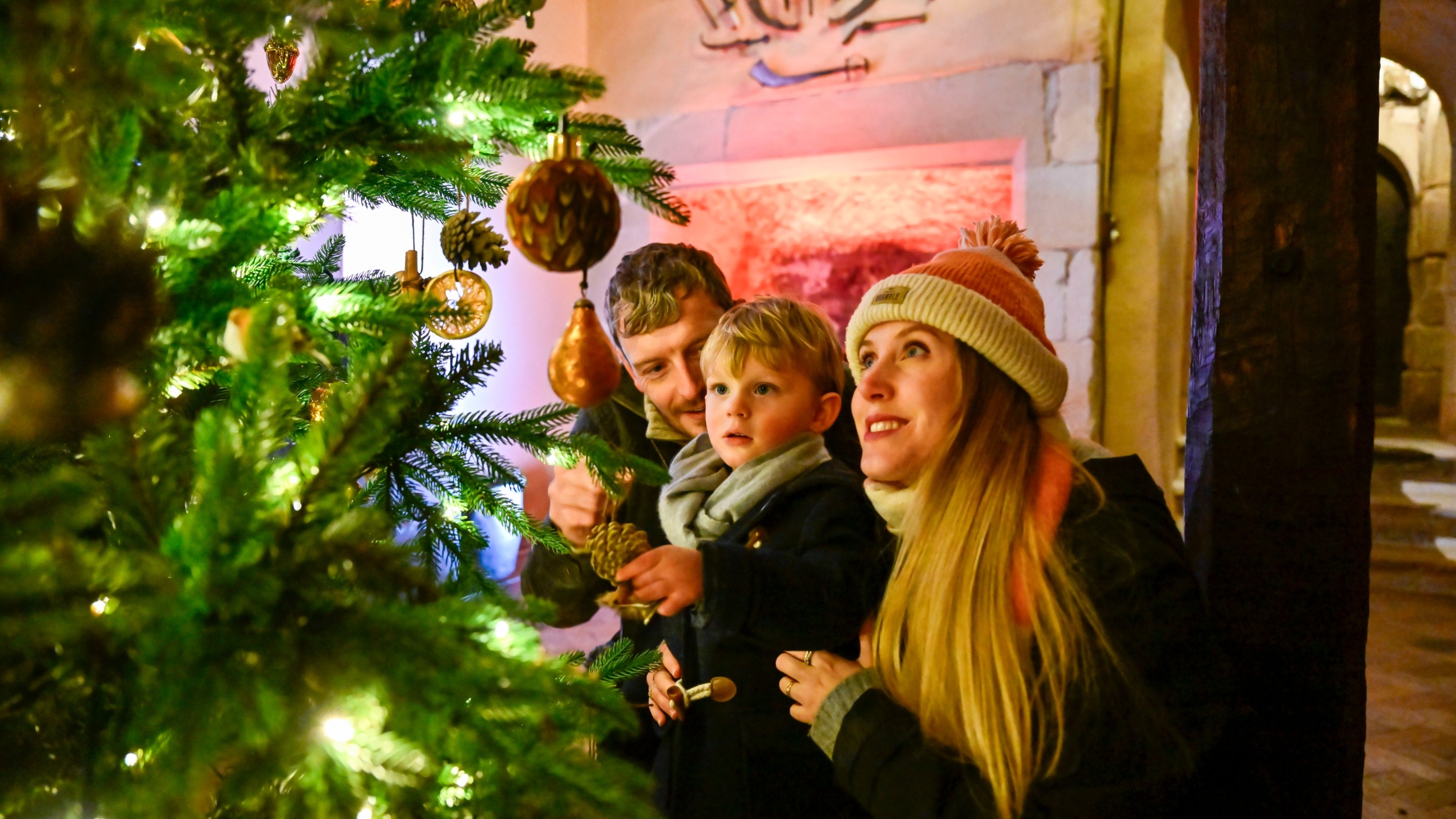 Family looking at a Christmas tree with lights and decorations.