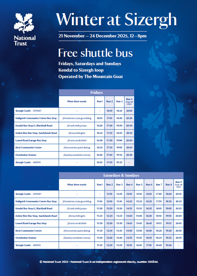 A timetable, showing the stops and times for the shuttle bus to Winter at Sizergh