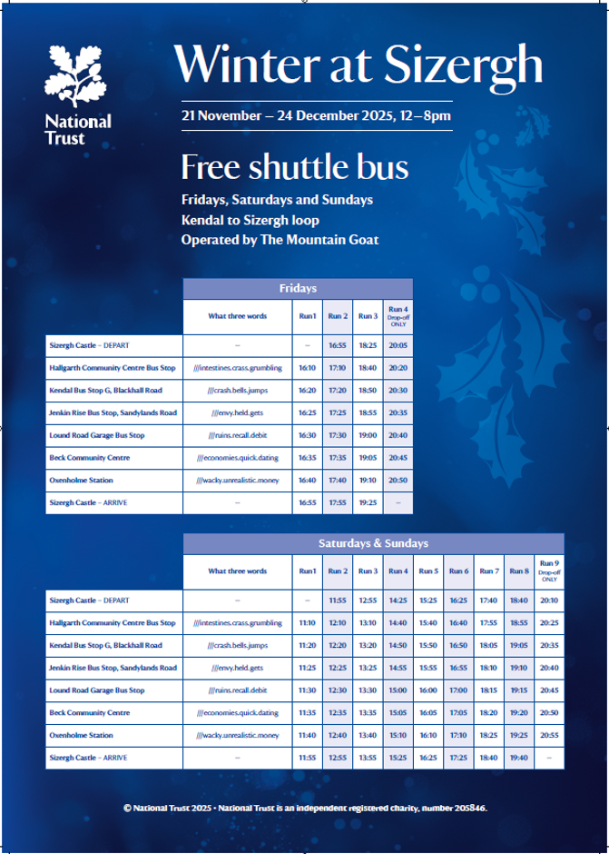 Timetable for the Winter 2025 shuttle bus