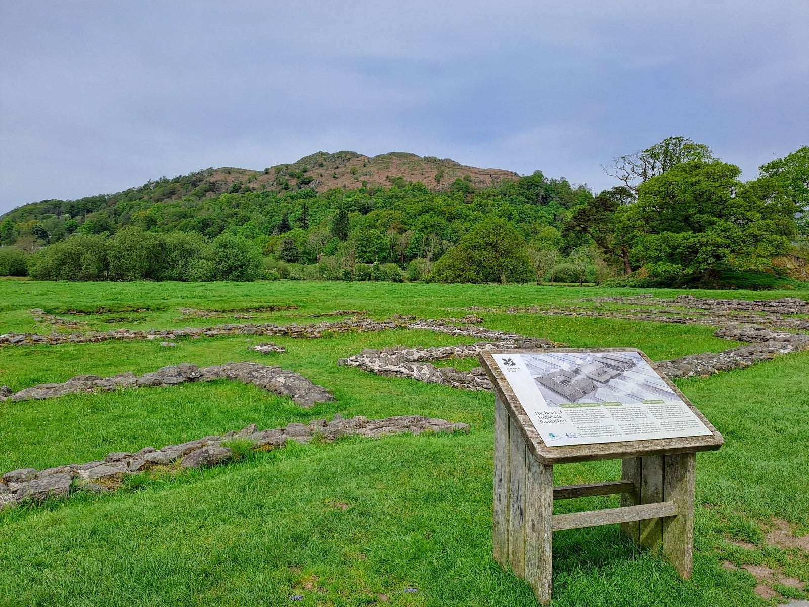 Green field with low stone walls and an interpretation board