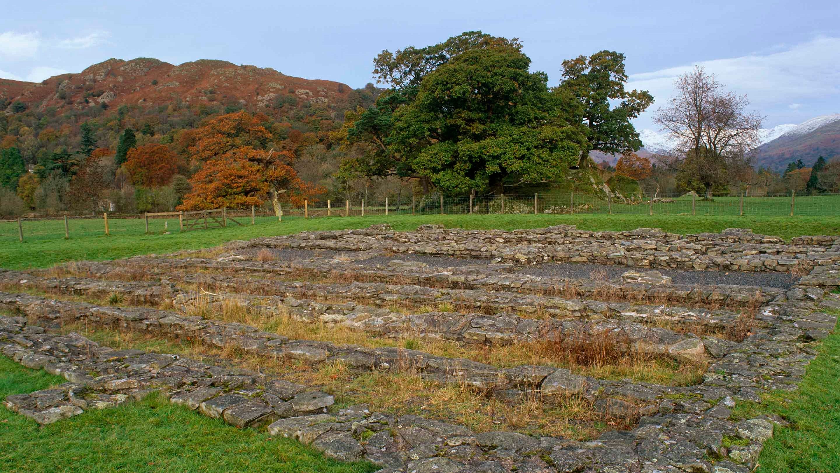 The remains of the granary at the Roman fort, Galava, at Borrans Field, half a mile south of Ambleside, Cumbria.