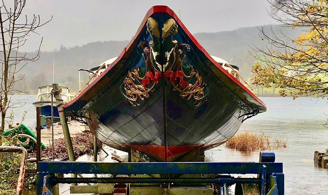 Steam Yacht Gondola out of the water on her winter moorings for winter