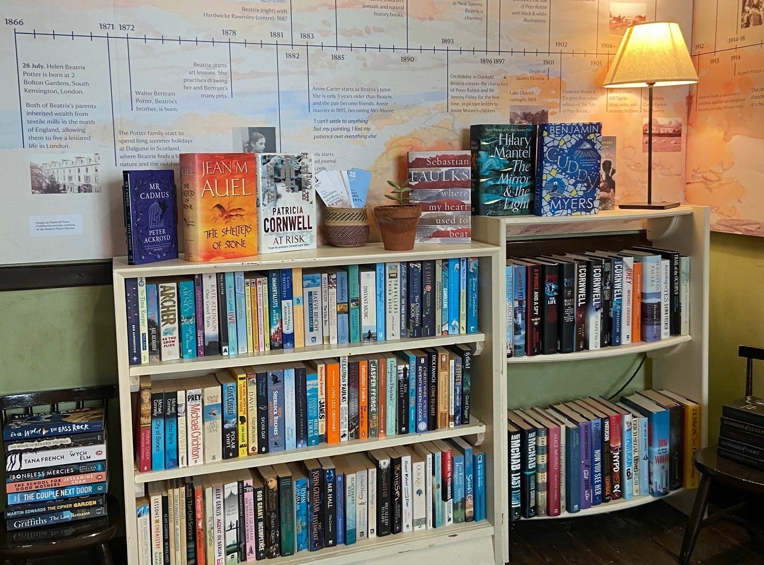Book shelf holding second hand books in the newly open in Tabitha Twitchit's bookshop, Hawkshead, Cumbria