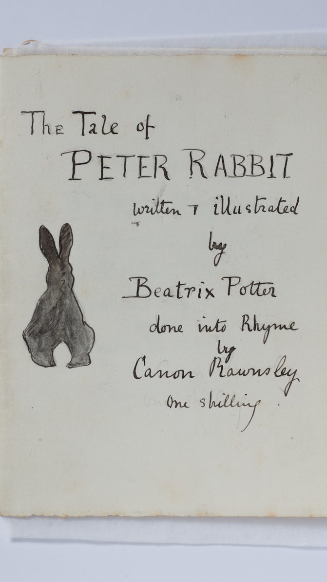Manuscript of Canon Rawnsley's versification of The Tale of Peter Rabbit written in ink with rabbit drawing.