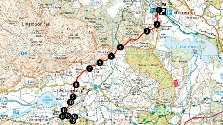 An Ordnance Survey map showing the route from Elterwater to Cathedral Quarry, Little Langdale, Cumbria