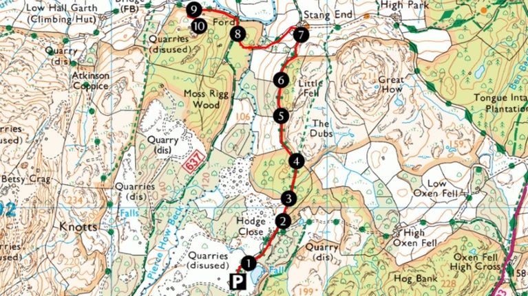 Ordnance Survey map showing the Hodge Close to Cathedral Quarry trail route, Hodge Close, Cumbria