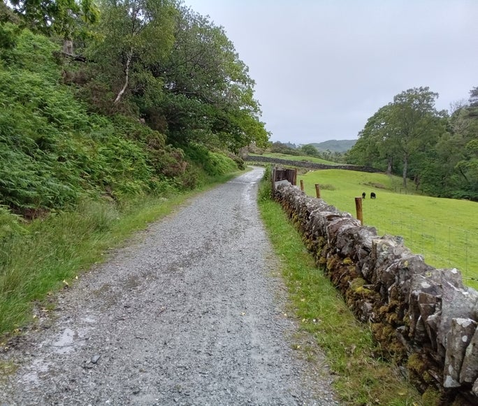 A stony footpath with a drystone wall on the right, Tilberthwaite, Cumbria