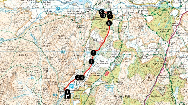 An Ordnance Survey map showing the route from Tilberthwaite to Cathedral Quarry, Little Langdale, Cumbria