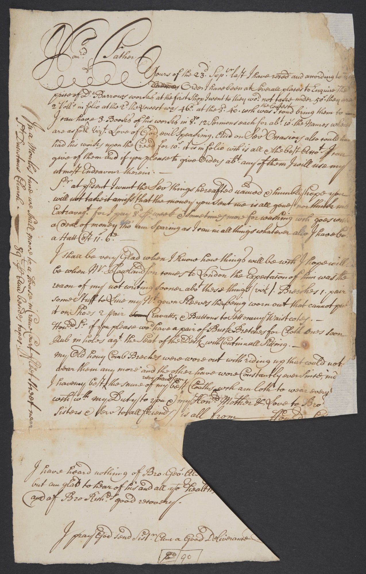 A handwritten letter from 1719 on yellowed paper with a torn edge