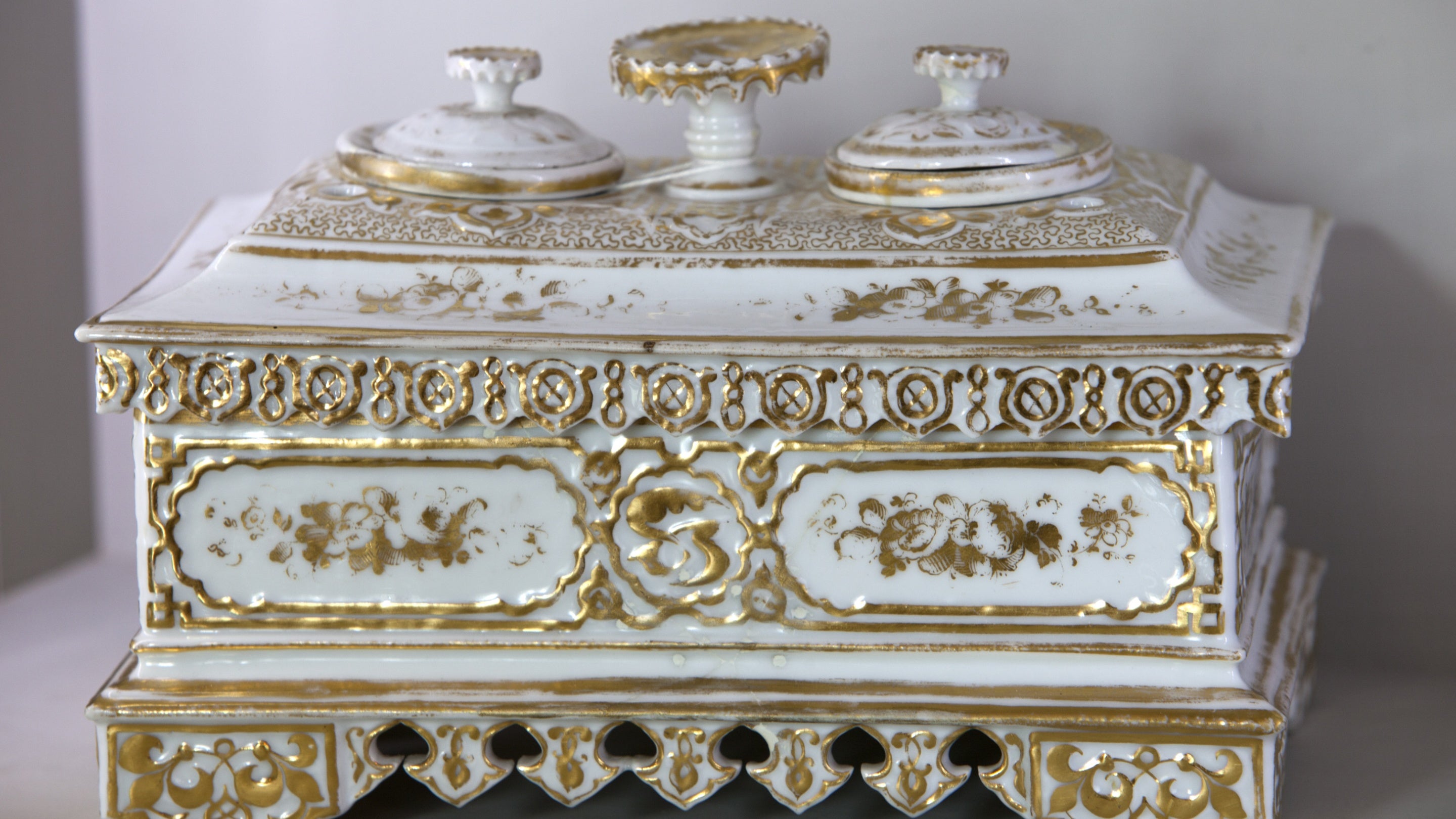 White porcelain inkstand, 1836, in the China Cabinet in the Wordsworth Room at Wordsworth House, Cockermouth, Cumbria.