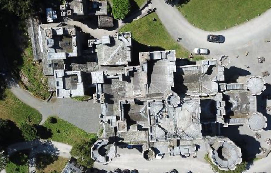 Image of Wray Castles complicated roof design taken from a drone during the roof survey