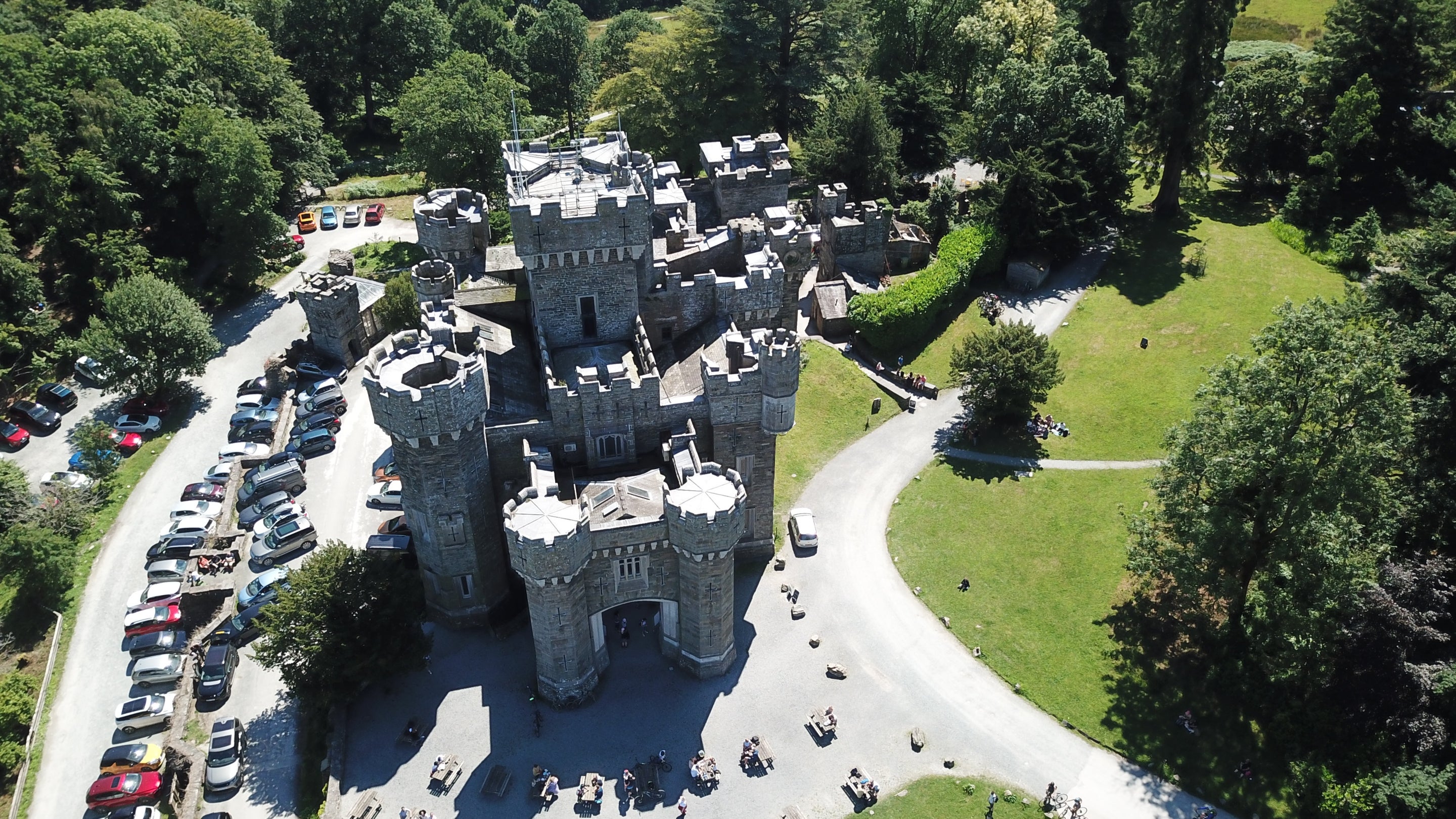 Aerial view of Wray Castle during its restoration programme
