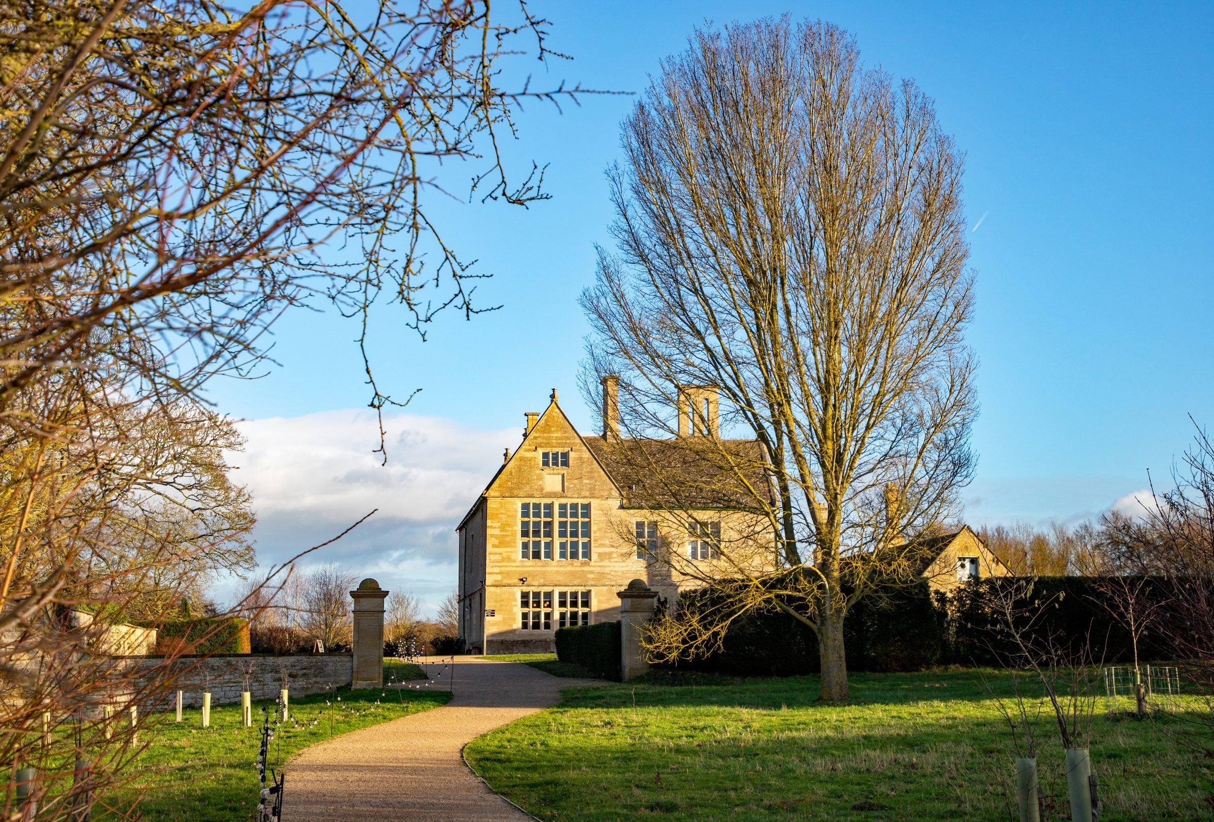 An accessible path leading up to the Manor House, with a string of lights highlighting the way.