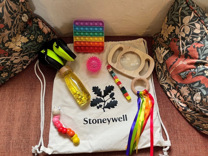 A bag with sensory toys on display