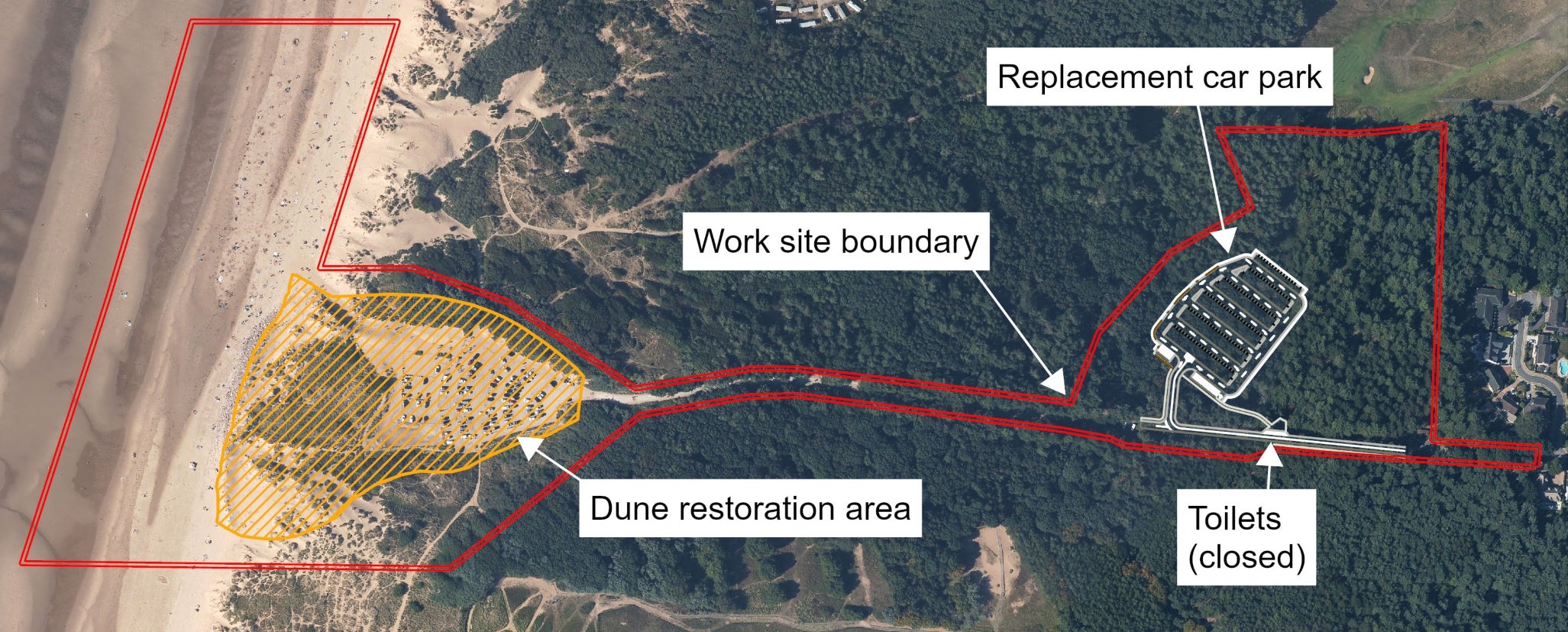The Formby Victoria Road project work site, sand dune restoration area and location of the replacement car park.