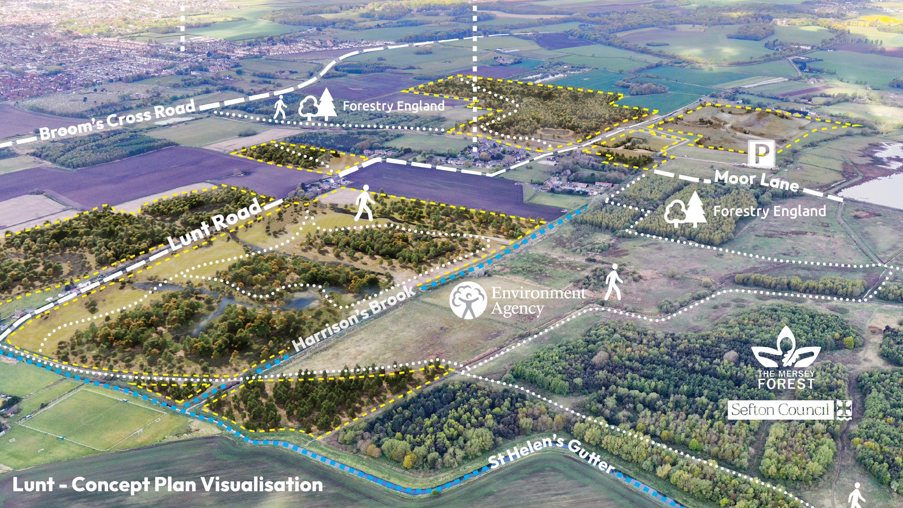 An aerial concept visualisation of fields and woodland around Lunt, Liverpool