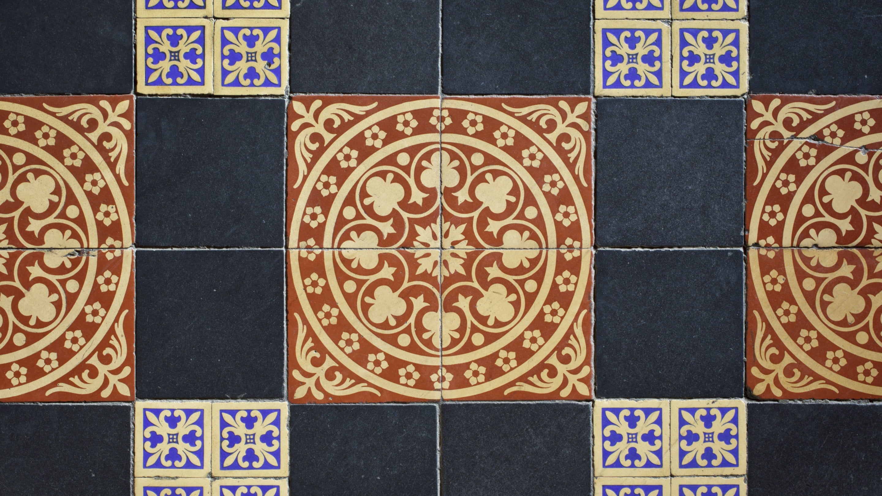 Detail of floor tiles installed in the porch at Gawthorpe Hall, Lancashire, by Sir Charles Barry in 1851.