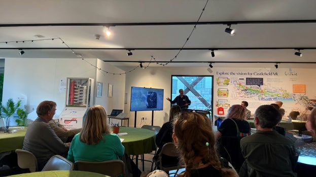 Area Ranger Nik Taylor presenting at Castlefield Viaduct