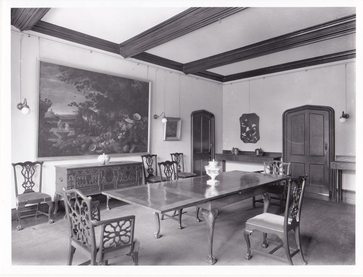 17th century Extensive Landscape with Exotic Flowers painting by Gommaert van der Gracht in the dining room at Rufford Old Hall featured in a 1929 Country Life magazine article