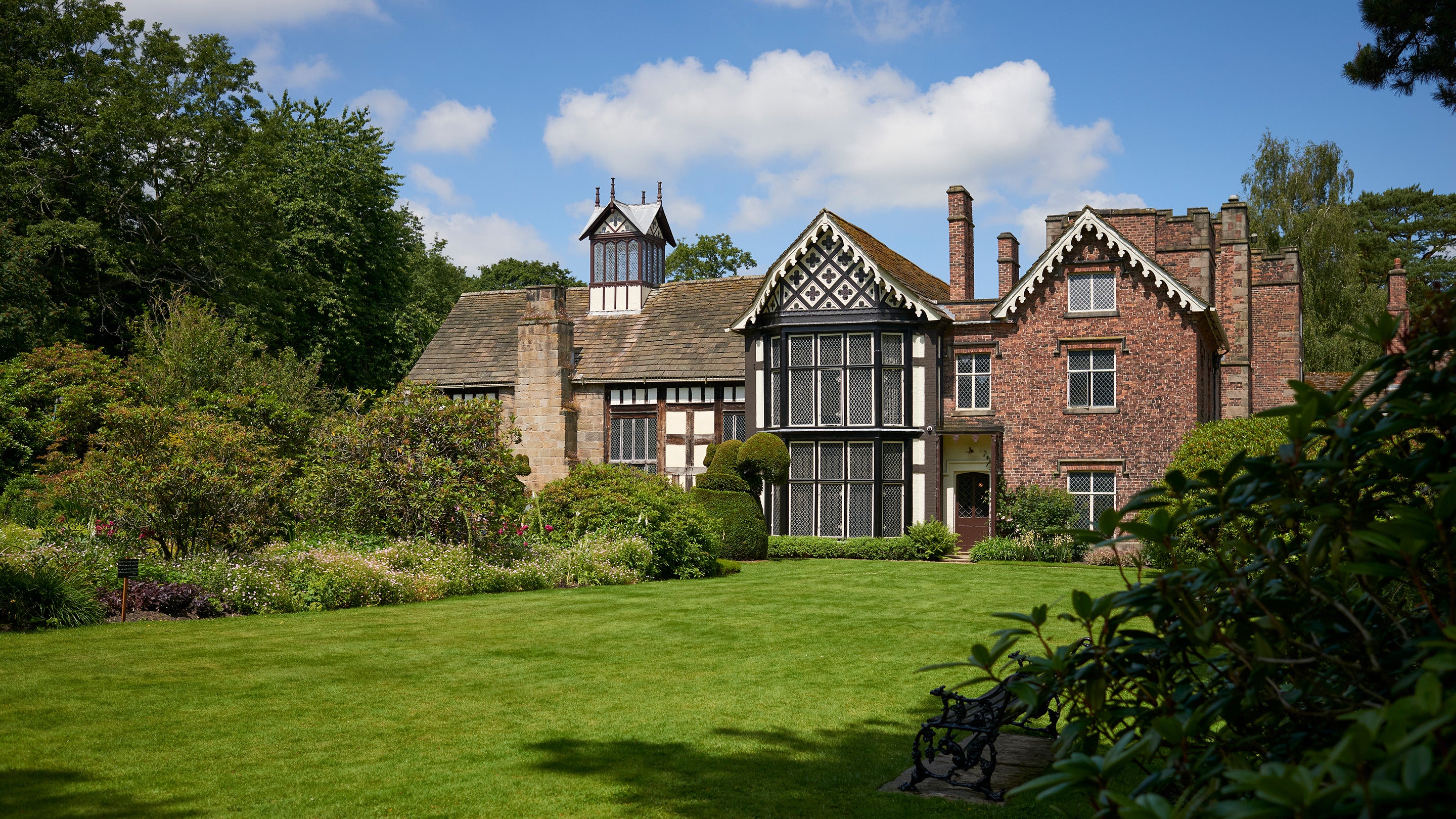View over the well tended lawn of the south front at Rufford Old Hall, Lancashire