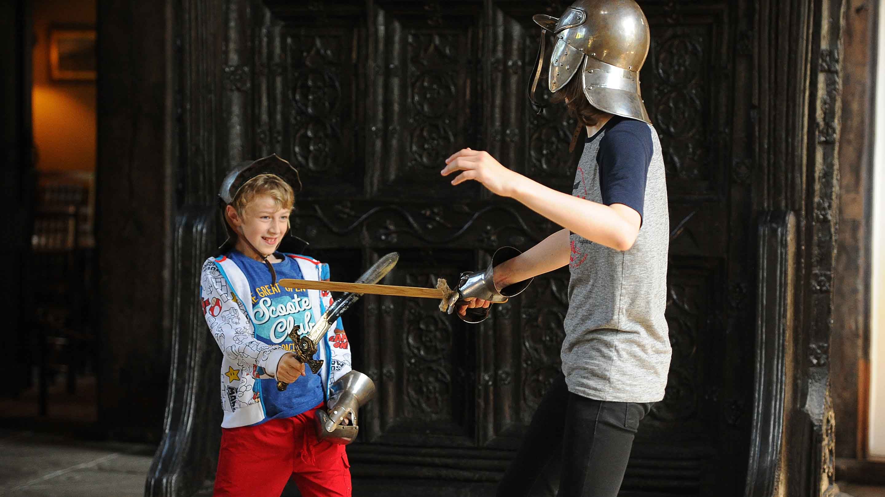 Children dressed up as knights at Rufford Old Hall, Lancashire