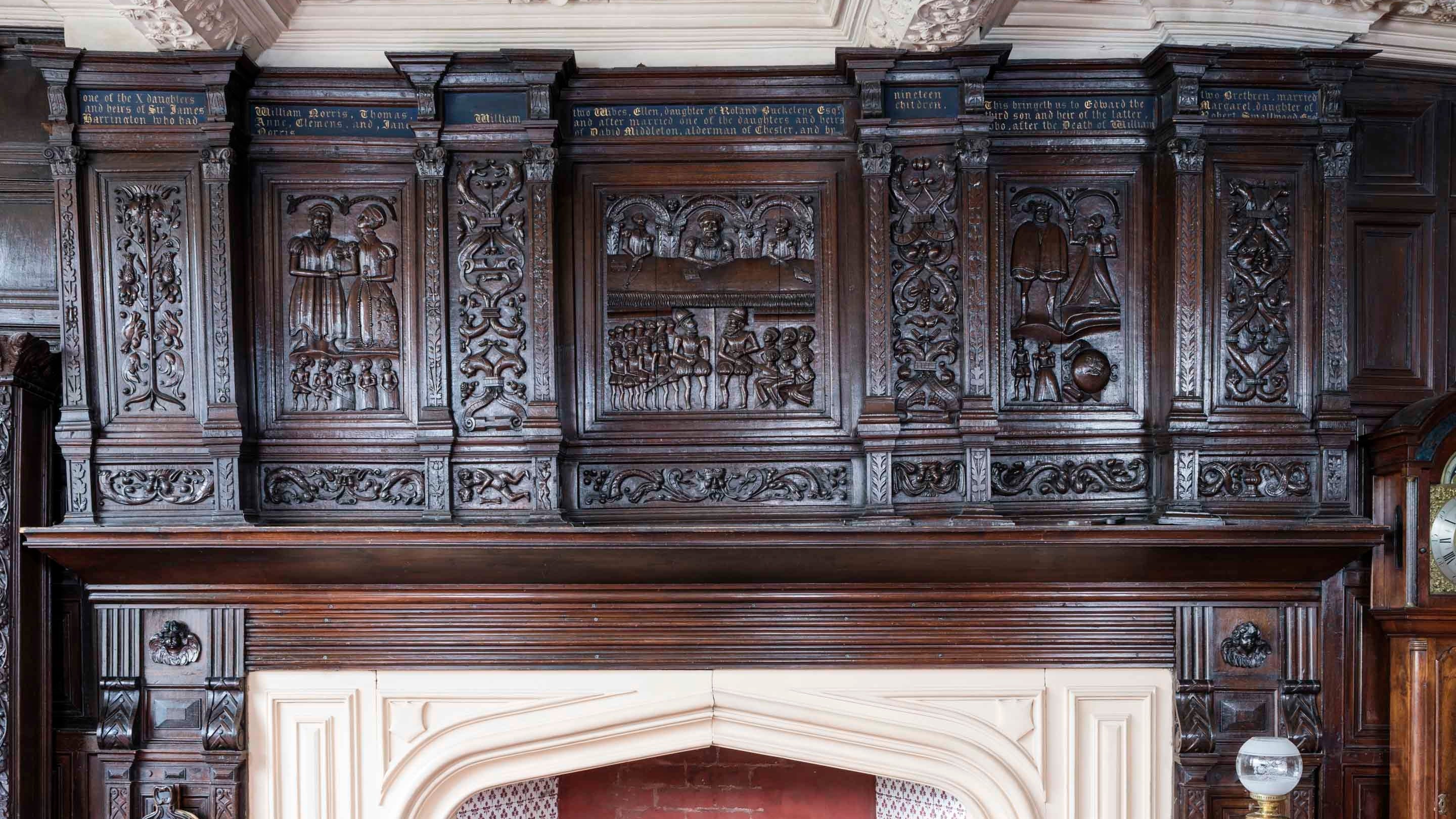 The carved overmantel in the Great Parlour at Speke Hall, Liverpool.