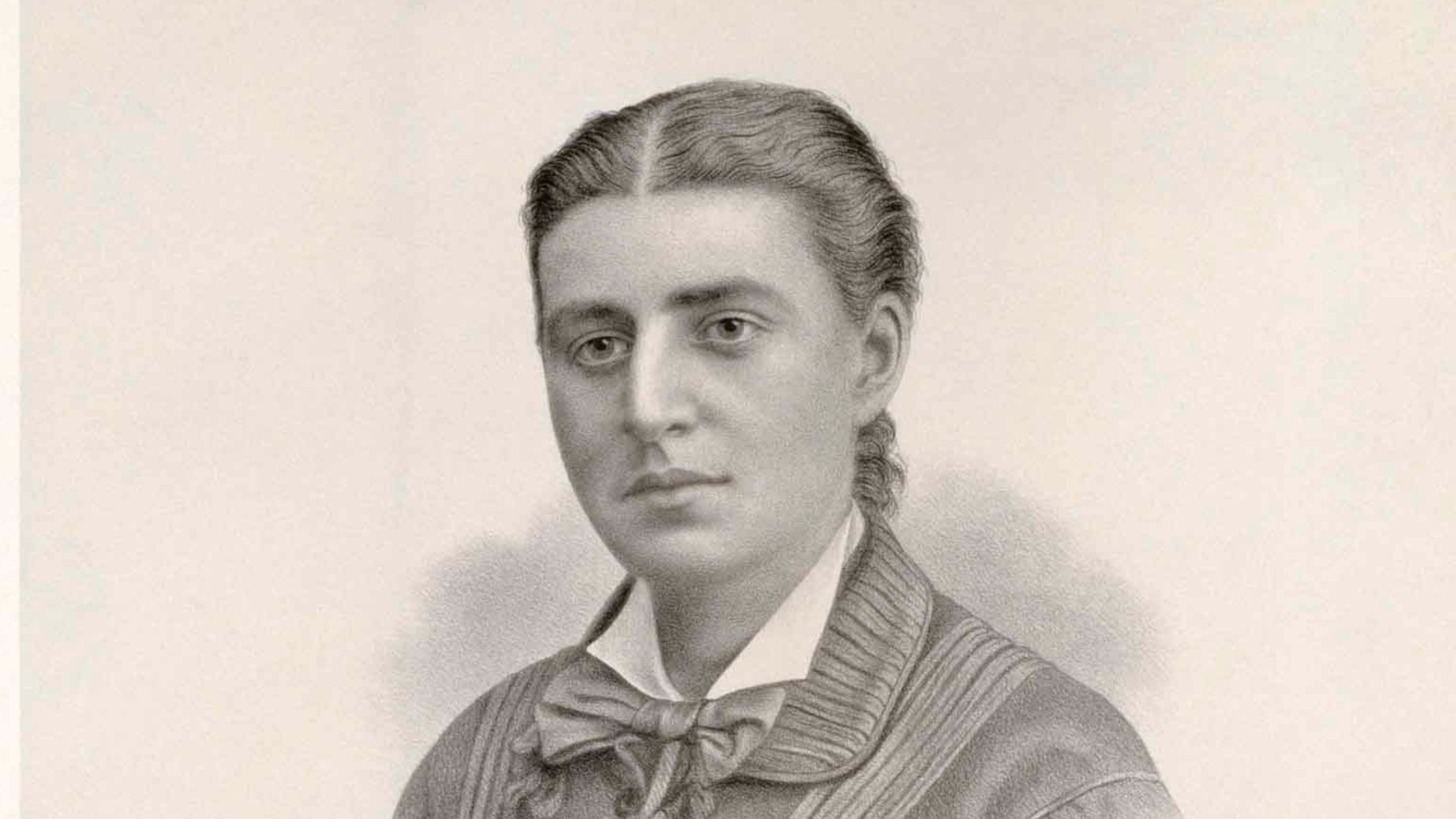 Print, lithograph, Miss Adelaide Watt (1857-1921) by Charles William Walton (fl.1872 - after 1891). Head and shoulder portrait of Adelaide Watt, facing, turned slightly to the left. Wearing plain dress with high collar fastened with bow, additional white collar and hair up with centre parting.