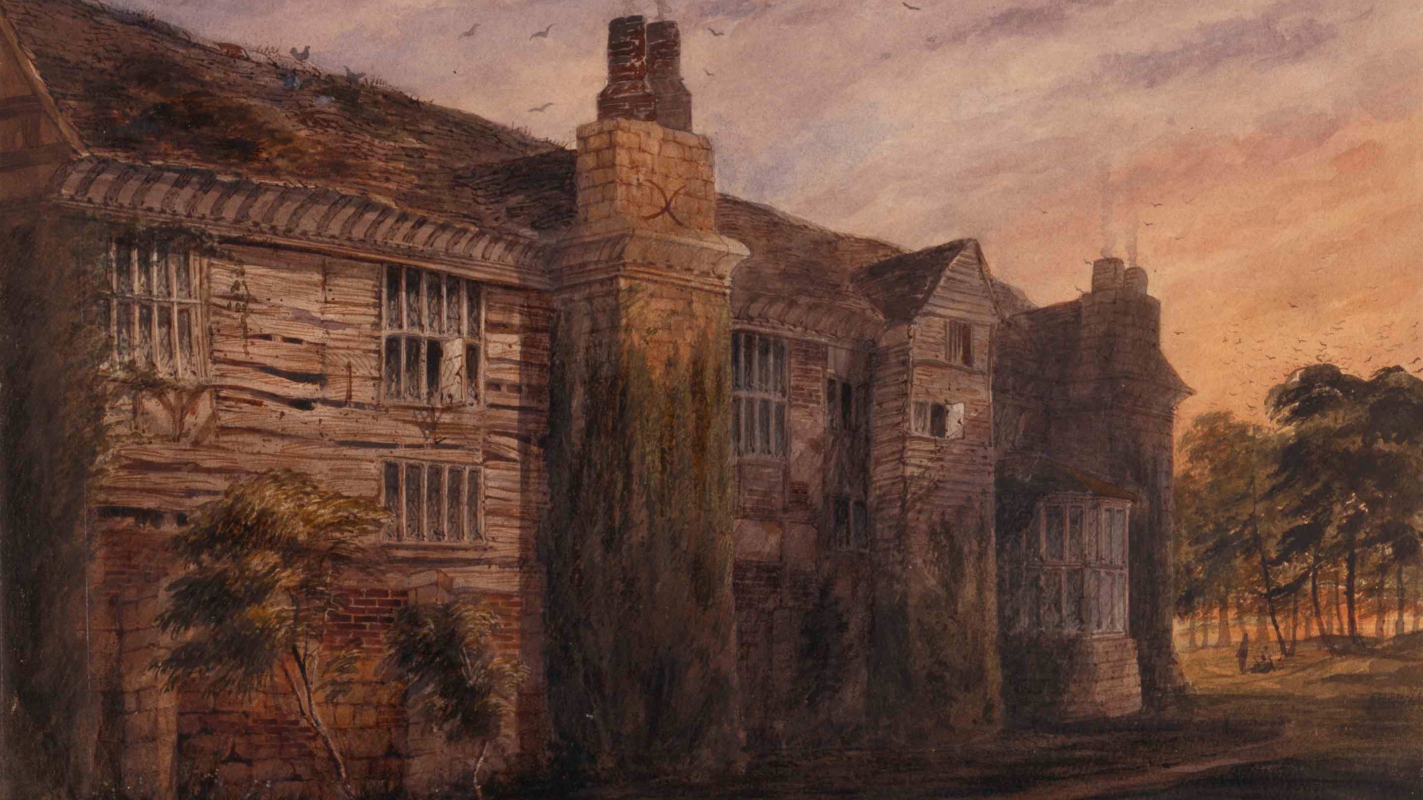 View of the East Front of Speke Hall, Lancashire, at Sunset by Joseph Josiah Dodd (Liverpool 1809 - Oldham 1894)