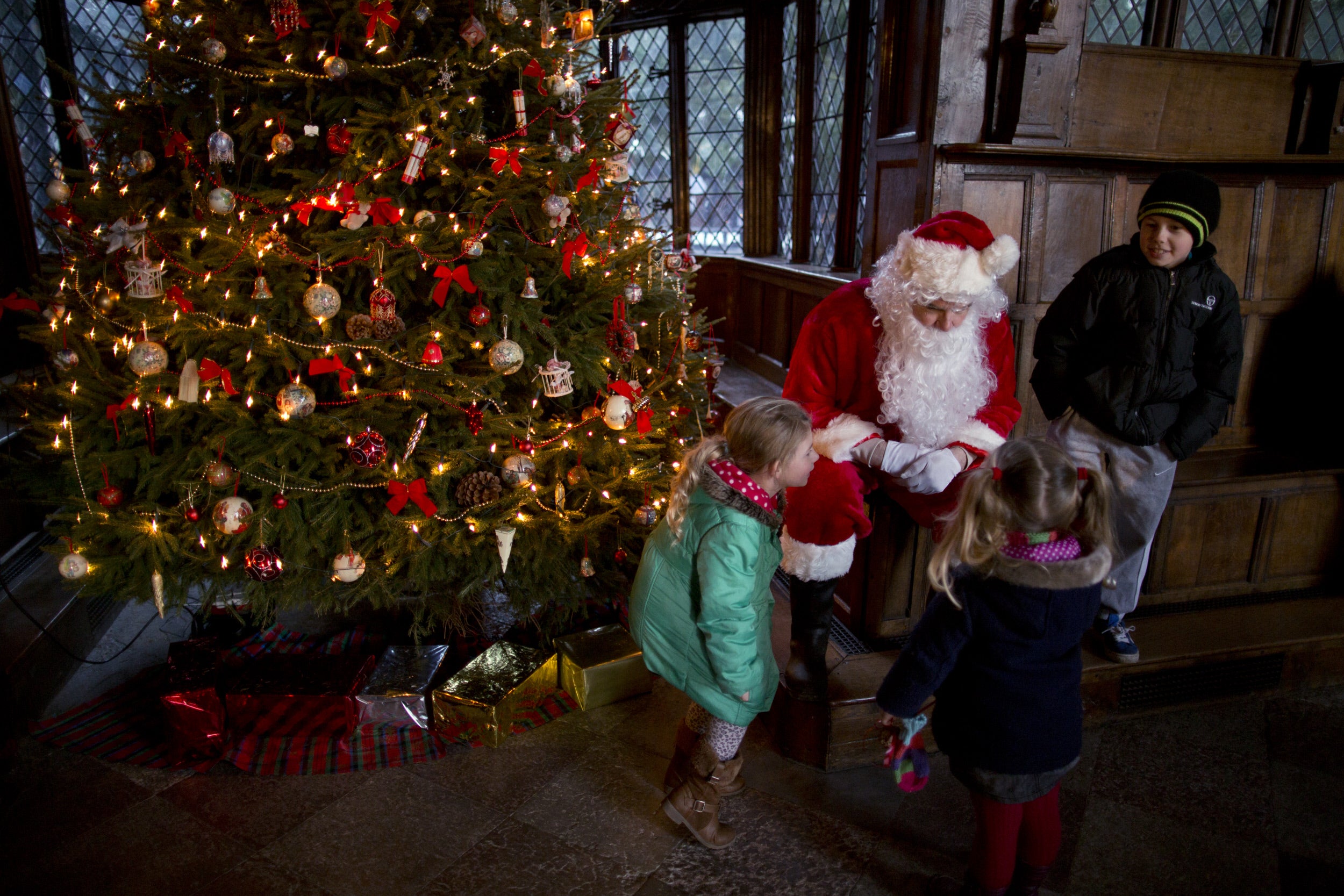 Father Christmas seated beside a Christmas tree, interacts with two young girls in coats, while a young boy looks on. The tree is decorated with lights, bows, and ornaments, with wrapped gifts at its base. The scene takes place in a warmly lit, paneled room.