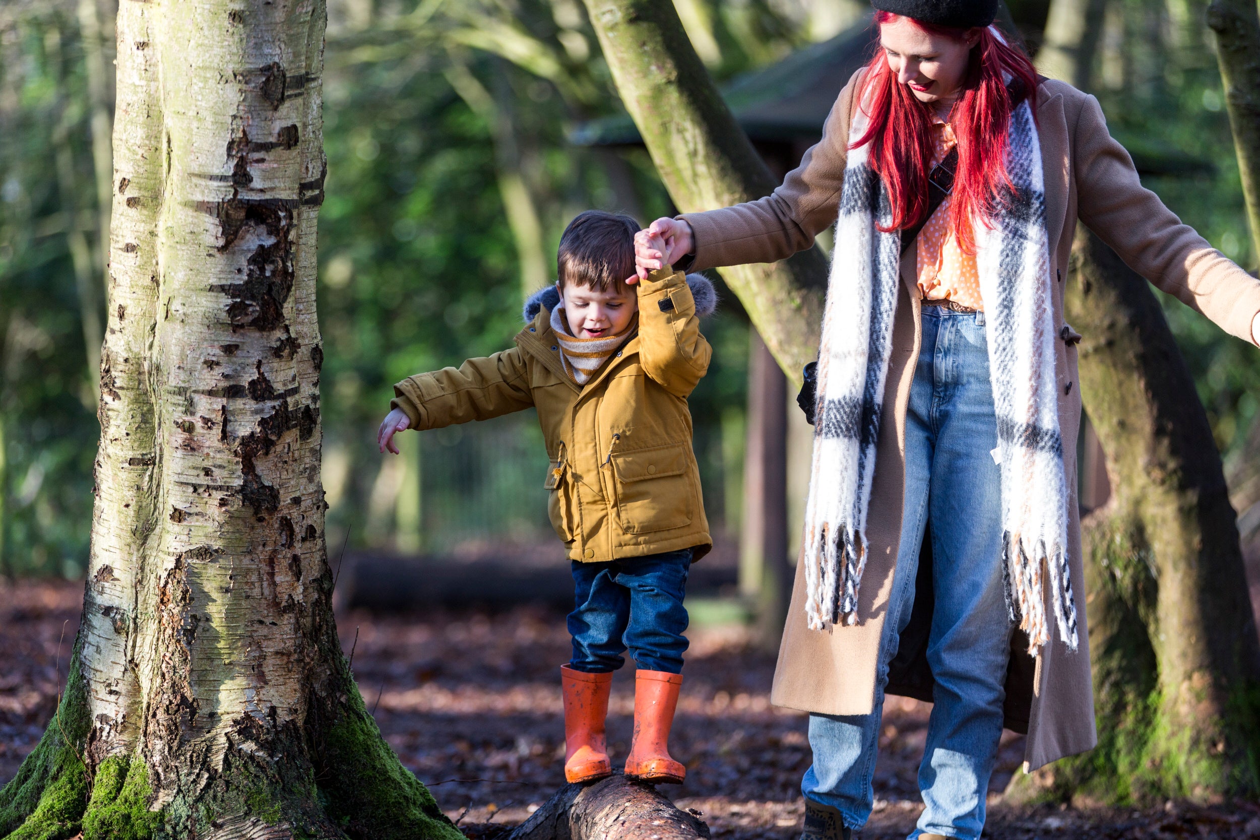 Family playing in the woodland play area at Speke Hall, Liverpool