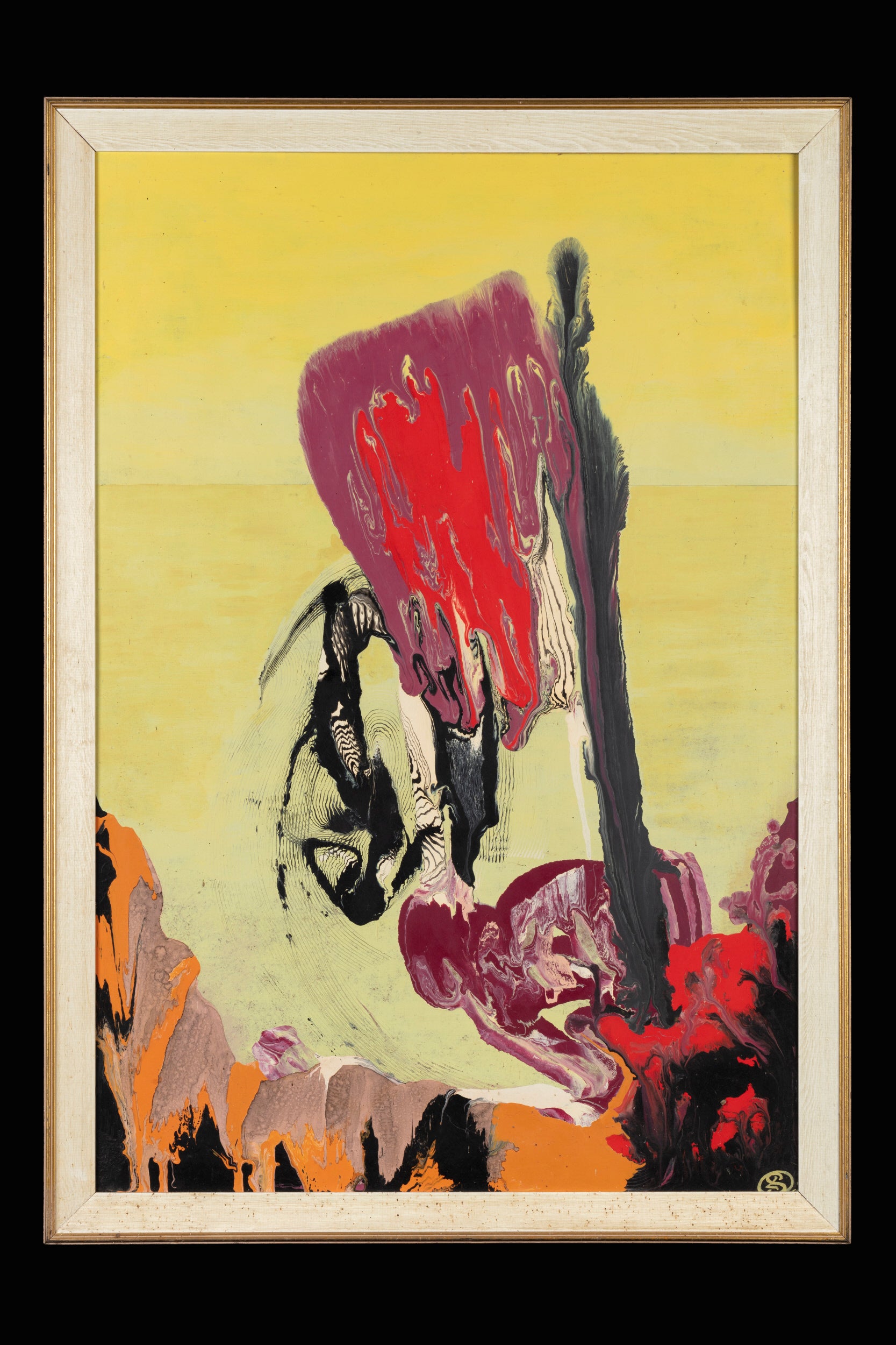 Abstract painting with mostly yellow background and shapes in orange, greys, pinks and reds.