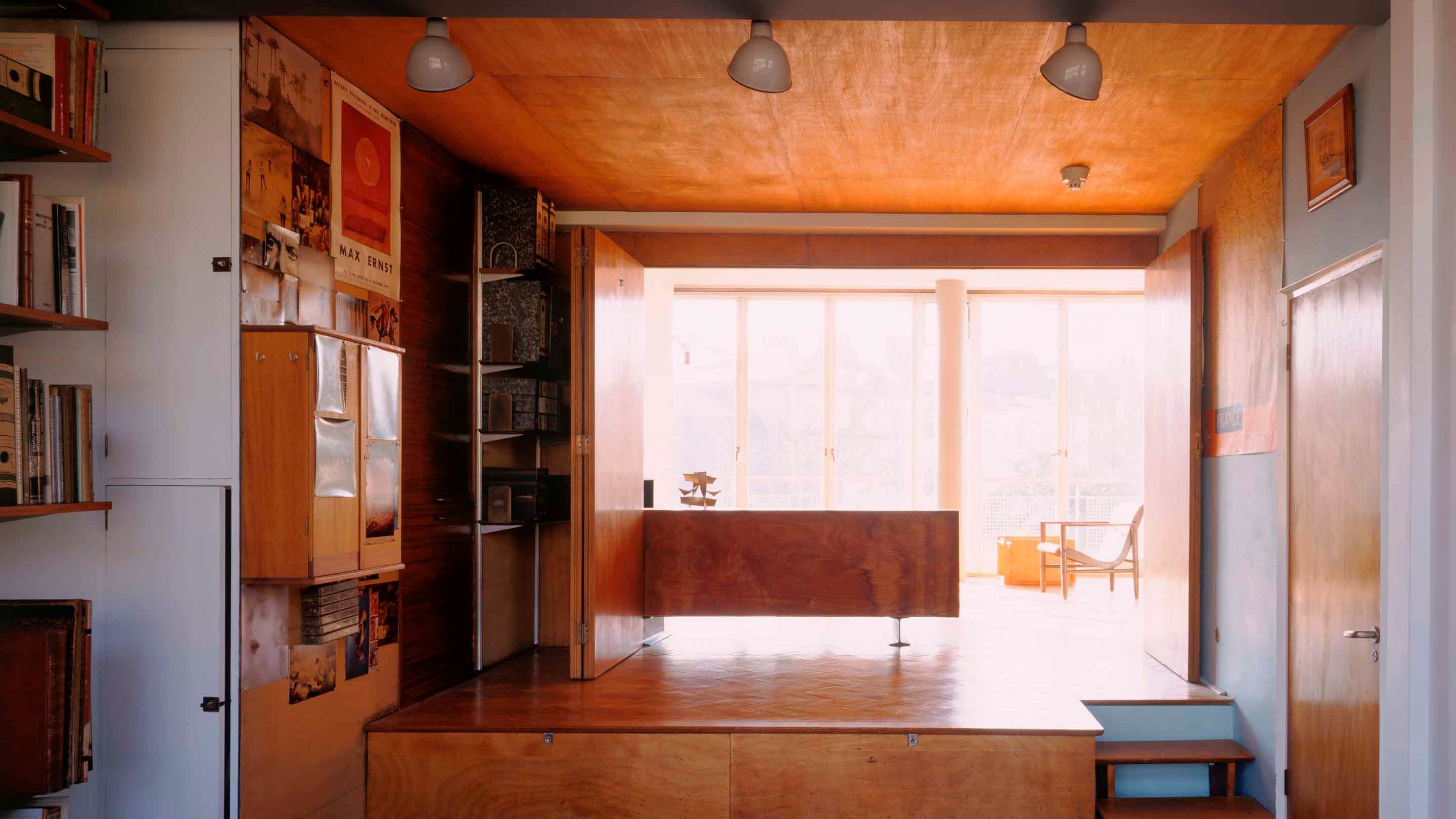 View from the studio at 2 Willow Road into the living room, showing a modernist interior