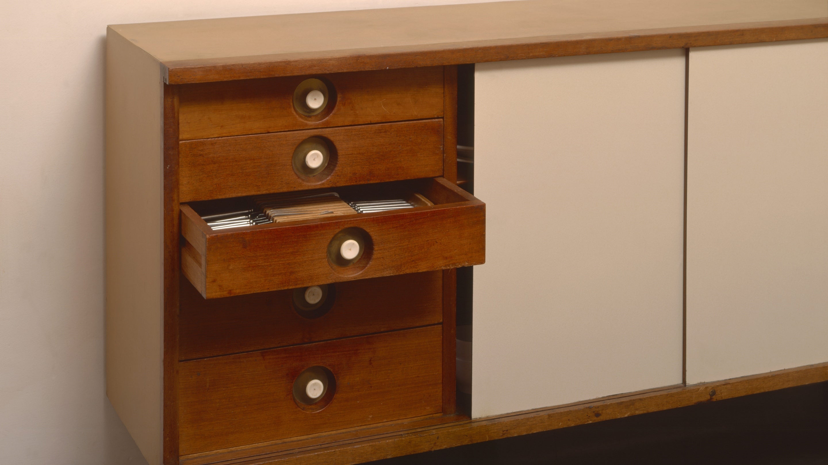 Detail of the sideboard in the Dining Room at 2 Willow Road, London, designed by Erno Goldfinger
