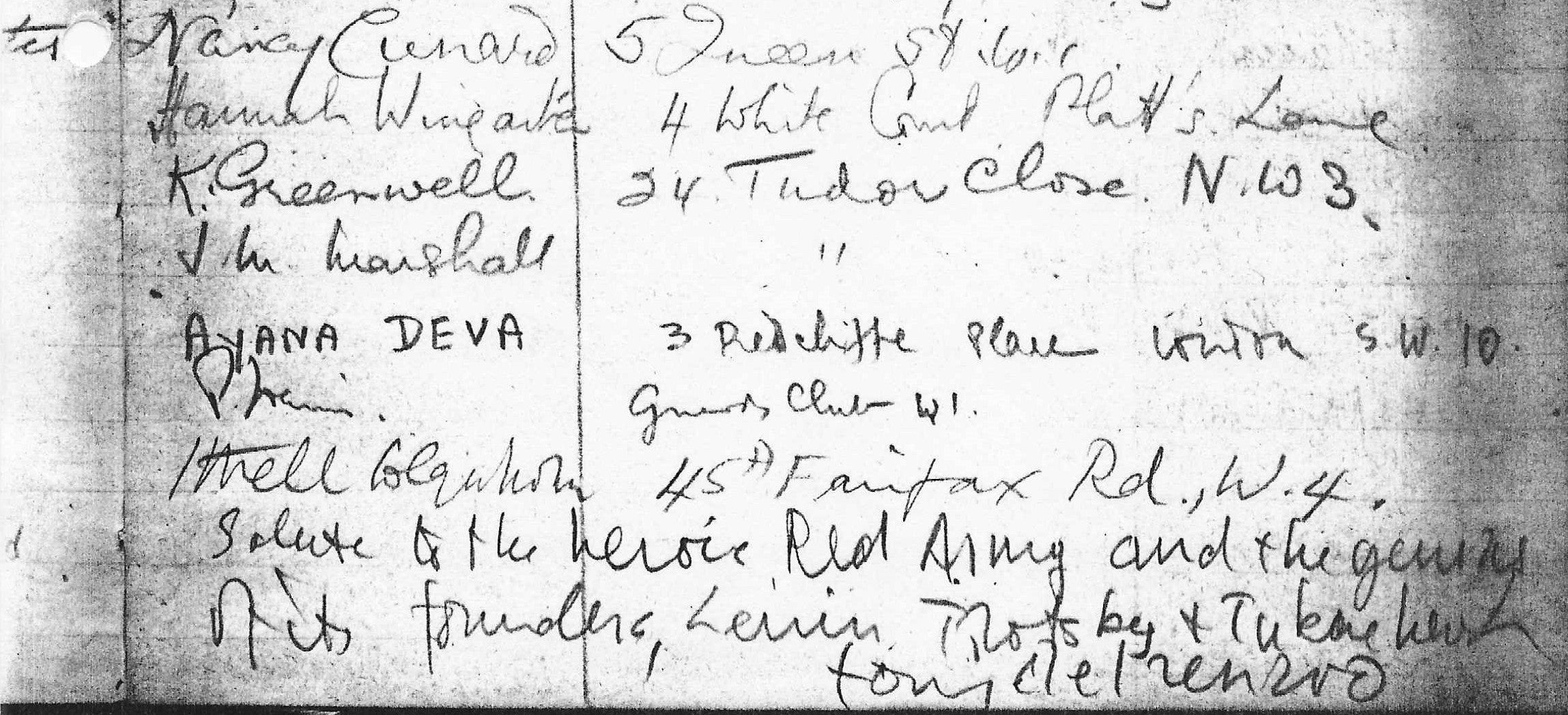 A photo of a handwritten page showing Ithell Colquhoun's signature and address in a visitor book