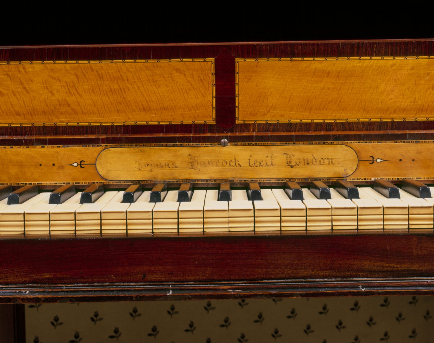 Close-up of inscription on Spinet by John Hancock, London, late c18th, at Fenton House