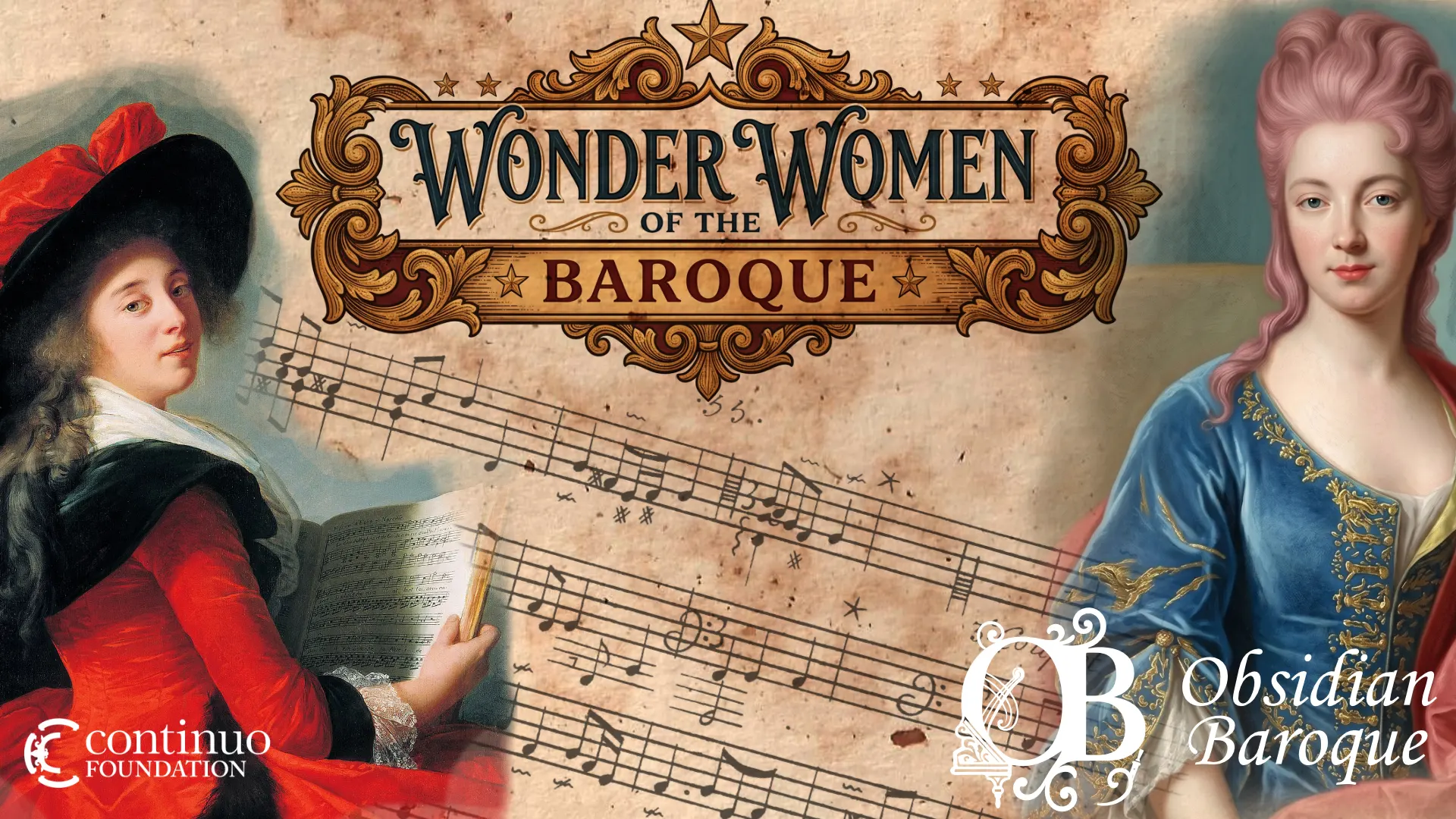 Two people in baroque style dress with some written music in the background and the title of the event.