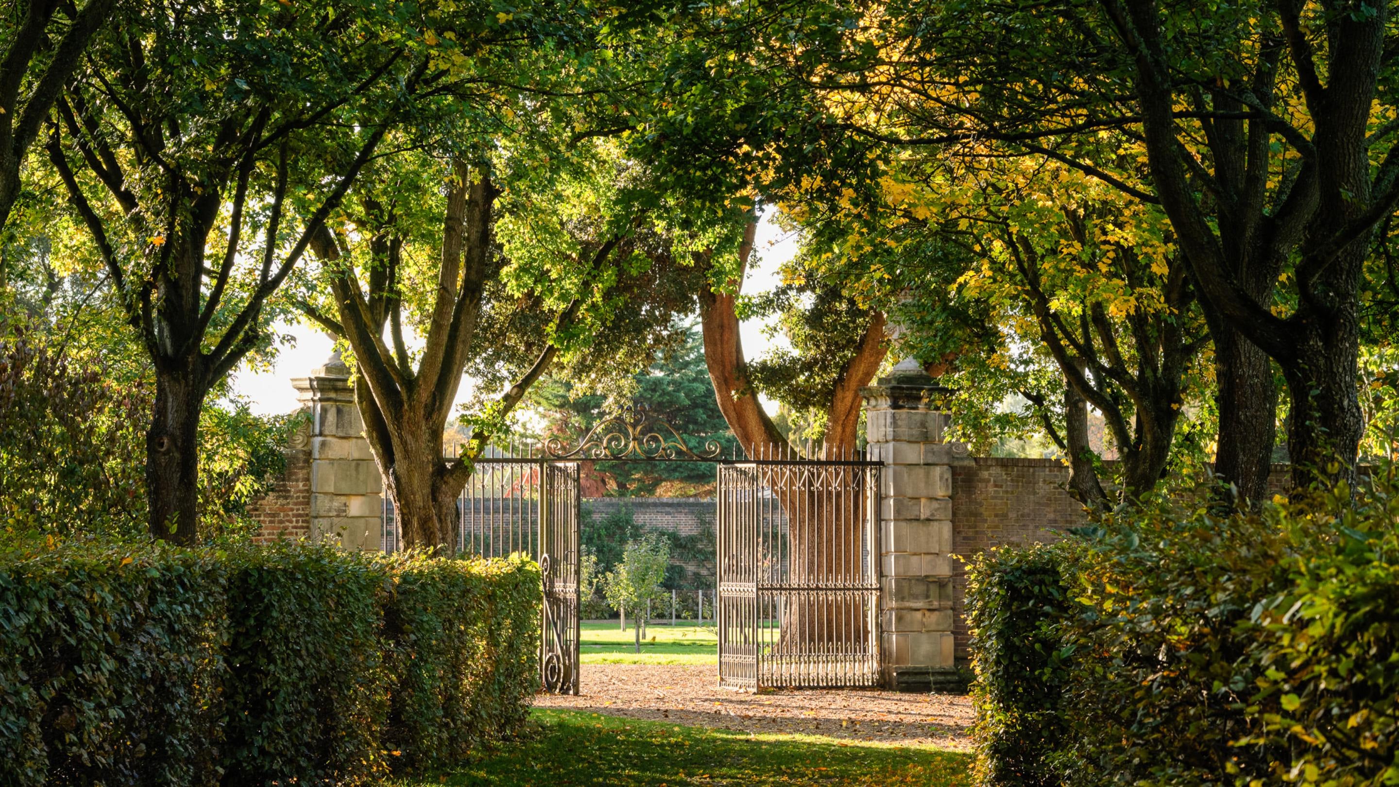 View from the Wilderness towards the gates into the Kitchen Garden at Ham House, Surrey with trees and brick walls beyond