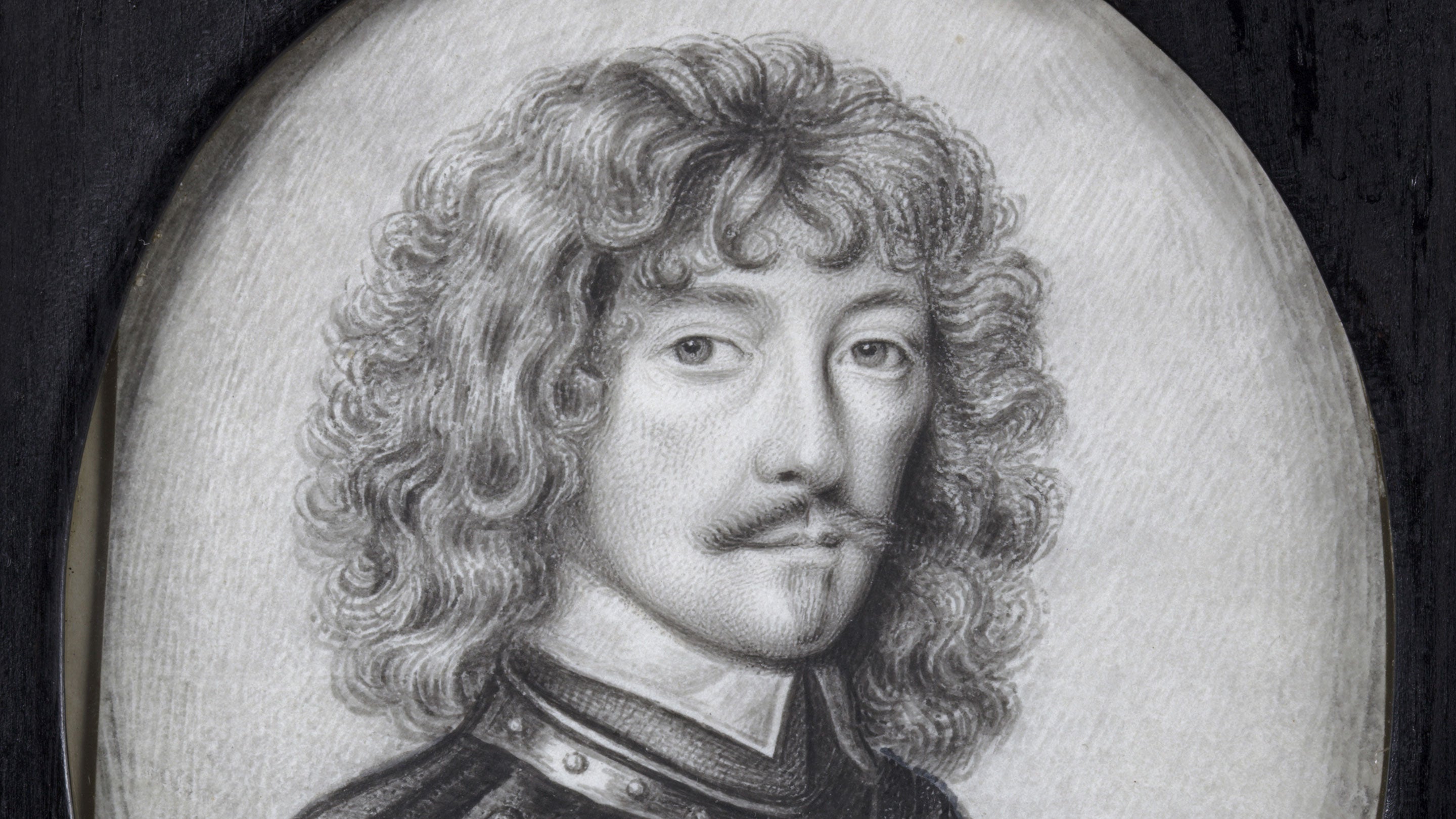 Portrait miniature, ink drawing on vellum, William Murray, 1st Earl of Dysart (c.1600-1655) by David Paton (b.Edinburgh fl.1660-1708). Oval. Head and shoulder portrait, turned to the right, gazing at the spectator, wearing a leather jerkin and steel gorget, thick curly hair, moustache and goatee, aged about 25.
